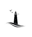 Lighthouse logo. Nautical icon with lighthouse with ocean waves