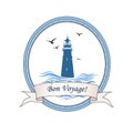 Lighthouse logo. Nautical icon with lighthouse, ocean waves, gull birds. Travel voyage card design Royalty Free Stock Photo