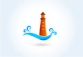 Lighthouse swirly waves beach icon logo vector Royalty Free Stock Photo