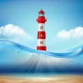 Lighthouse. Marine or ocean background water wave and light beam lamp for safe ship navigation vector realistic sea Royalty Free Stock Photo