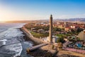 Lighthouse of Maspalomas at Gran Canaria Island known as Faro de Maspalomas at sunset. Seascape with lighthouse and Maspalomas Royalty Free Stock Photo