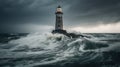 a lighthouse in the middle of a large body of water under a cloudy sky with a light house on top of a rock in the middle of the Royalty Free Stock Photo