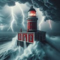 lighthouse in the middle of the ocean during a thunderstorm