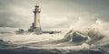 A lighthouse in the middle of a rough ocean, AI Royalty Free Stock Photo