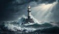 a lighthouse in the middle of a stormy ocean with a light house on top of it in the middle of the ocean with a dark cloudy sky. Royalty Free Stock Photo