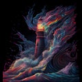 Lighthouse with multicolored paints splash. AI generative