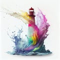 Lighthouse with multicolored paints splash. AI generative