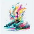 Lighthouse with multicolored paints splash. AI generative