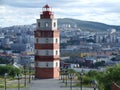 Lighthouse and Murmansk city panorama