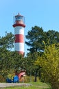 Lighthouse, navigation mark, red-white, flowers, tree, spring