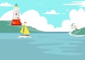 LIghthouse near sea water, vector illustration, ship travel at ocean, nautical landscape with light tower building at Royalty Free Stock Photo