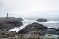 Lighthouse next to Nato base in Stokksnes peninsula next to the city of Hofn in Iceland. Waves crash ashore with overcast sky