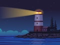 A lighthouse at night on the coast of the sea or ocean illuminates the path with a searchlight beam