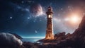 lighthouse at night A fantasy lighthouse in a cosmic space, with stars, planets, and a comet. Royalty Free Stock Photo