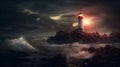 Lighthouse night landscape clouds and sea waves background. AI generated Royalty Free Stock Photo