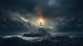 Lighthouse night landscape clouds and sea waves background. AI generated Royalty Free Stock Photo