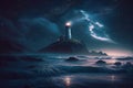 Lighthouse Night Landscape Sea Stars. AI Generated