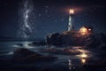 lighthouse night landscape sea stars. AI Generated