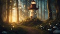 lighthouse at night in the morning A fantasy lighthouse in a magical forest, with glowing mushrooms, fireflies, Royalty Free Stock Photo