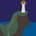 Lighthouse Night On The Rocks Of The Islands Around The Sea Ripples Cartoon Vector Background.
