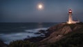 lighthouse at night Romantic lighthouse near Atlantic seaboard shining at night in the bright of the moon