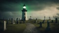 lighthouse at night A scary lighthouse in a haunted cemetery, with graves, ghosts, Royalty Free Stock Photo