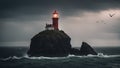 lighthouse at night A scary lighthouse on a rocky cliff, overlooking a stormy sea. The lighthouse is old and rusty, Royalty Free Stock Photo