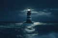 Lighthouse At Night In The Sea. AI Generative