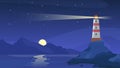 Lighthouse at night. Sea beacon with beam on rocky coast. Cartoon navigation light tower on seashore, starry sky and ocean vector Royalty Free Stock Photo