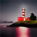 Lighthouse at night. Sea lighthouse with moon on rocky coast. Cartoon Royalty Free Stock Photo