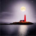 Lighthouse at night. Sea lighthouse with moon on rocky coast. Cartoon Royalty Free Stock Photo