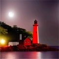 Lighthouse at night. Sea lighthouse with moon on rocky coast. Cartoon Royalty Free Stock Photo