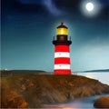 Lighthouse at night. Sea lighthouse with moon on rocky coast. Cartoon Royalty Free Stock Photo