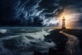 Lighthouse at night in a stormy sea with clouds and waves Royalty Free Stock Photo