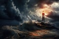 Lighthouse at night in a stormy sea with clouds and waves Royalty Free Stock Photo