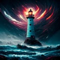 Lighthouse at night in the stormy sea, 3d illustration Generative AI Royalty Free Stock Photo