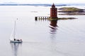 Lighthouse in Norway with sailer in front