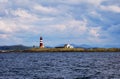 Lighthouse on Norwegian Islands in cloudy day