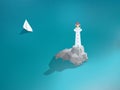 Lighthouse in ocean. Low poly design building. Sea