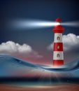 Lighthouse in ocean. Night marine landscape with lighthouse for ship navigation vector realistic background