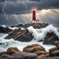 Lighthouse On Ocean Rocks In a Storm