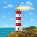 Lighthouse on ocean or sea beach cartoon background vector illustration Royalty Free Stock Photo