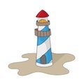 Lighthouse on ocean or sea beach cartoon background vector illustration Royalty Free Stock Photo