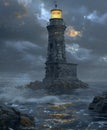 A lighthouse in the ocean with the water surrounding it, stone sculptures