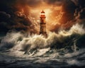 The lighthouse ocean waves storm art was created by technology.