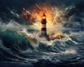 The lighthouse ocean waves storm art was created by technology.