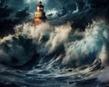 The lighthouse ocean waves storm art was created by technology.