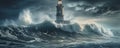 lighthouse ocean waves storm generative AI