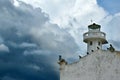 A lighthouse on an old building in Telchac Puerto on the coast of YucatÃÂ¡n on the Gulf of Mexico, cormorants sitting on the roof