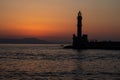 Lighthouse on the old dock of Chania, Crete Greece at sunset Royalty Free Stock Photo